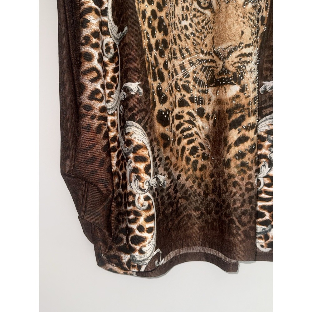 Blossom By P Leopard Tunic Top Rhinestone Bling Slinky Knit Animal Ruched L/XL - Picture 7 of 13